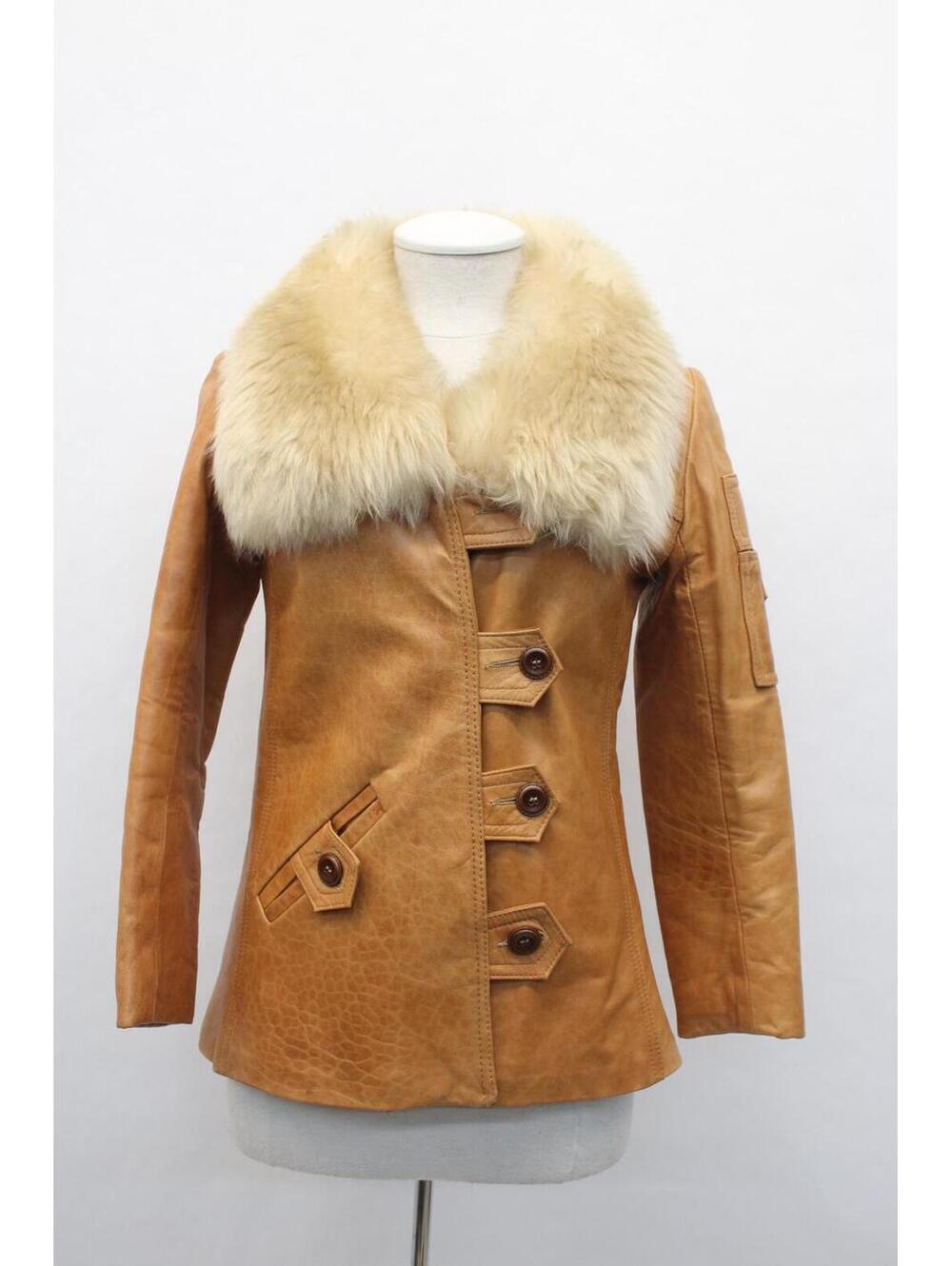 Excellent Brown Leather & Lamb Fur Coat Women Woman Size 2 Petite